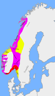 חלוקת המלכות לאחר קרב סוולדר (1000 לאחר הספירה) בין שוודיה (צבע צהוב), דנמרק (צבע אדום) והרוזן מלאדה (צבע סגול)