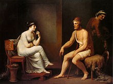 Penelope questions Odysseus to prove his identity. Odysseus und Penelope (Tischbein).jpg