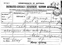Telegram sent from Broome, Western Australia, 20 July 1907; recorded by Postmaster-General's office PMG, Western Australia 1907 .jpg