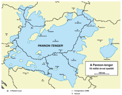 A Pannon-tenger a miocén idején – jelenlegi határok és helységnevek tájékoztatásul 10–0,6 Ma PreЄ Є O S D C P T J K Pg N miocén–pleisztocén