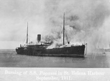 Papanui Papanui (1898) abandoned and on fire at St Helena. RMG P00835.tiff