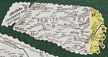 Britannia in the Tabula Peutingeriana, only the yellow highlighted section survived, the rest was added in 1887 by Konrad Miller Part of Tabula Peutingeriana showing Britannia.jpg