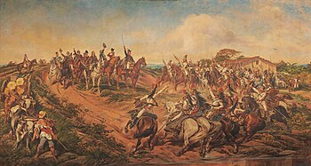 Painting depicting a group of uniformed men on horseback riding towards a smaller group of mounted men who have halted at the top of a small hill with the uniformed man at the front of the smaller group raising a sword high into the air "Independence or Death!"