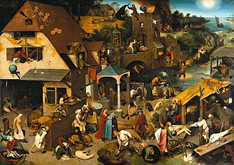 Netherlandish Proverbs 1559. tempera on wood medium QS:P186,Q175166;P186,Q287,P518,Q861259 . 117 × 163 cm (46 × 64.1 in). Gemäldegalerie in Berlin, Berlin