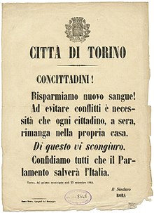 Proclamation of Mayor Emanuele Luserna di Rora (September 23, 1864) Proclama del sindaco Rora in seguito agli incidenti del settembre 1864.jpg