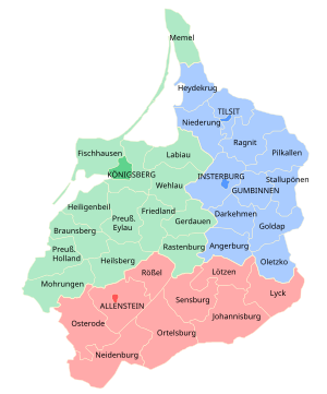 East Prussian Regierungsbezirk Allenstein (red), established in 1905 Prusy Wschodnie de.svg