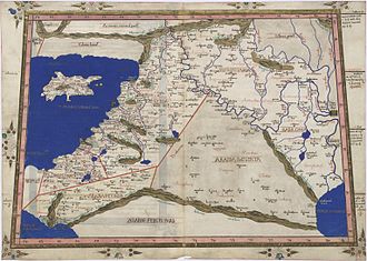 Map of Palestine published in 1467 version of Claudius Ptolemy's Cosmographia by Nicolaus Germanus. Ptolemy Cosmographia 1467 - Mediterranean Middle East.jpg