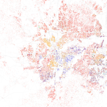 Map of racial distribution in Fort Worth, 2010 U.S. census. Each dot is 25 people: .mw-parser-output .legend{page-break-inside:avoid;break-inside:avoid-column}.mw-parser-output .legend-color{display:inline-block;min-width:1.25em;height:1.25em;line-height:1.25;margin:1px 0;text-align:center;border:1px solid black;background-color:transparent;color:black}.mw-parser-output .legend-text{}⬤ White ⬤ Black ⬤ Asian ⬤ Hispanic ⬤ Other