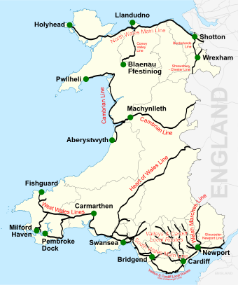 Le réseau ferré du pays de Galles en 2021.