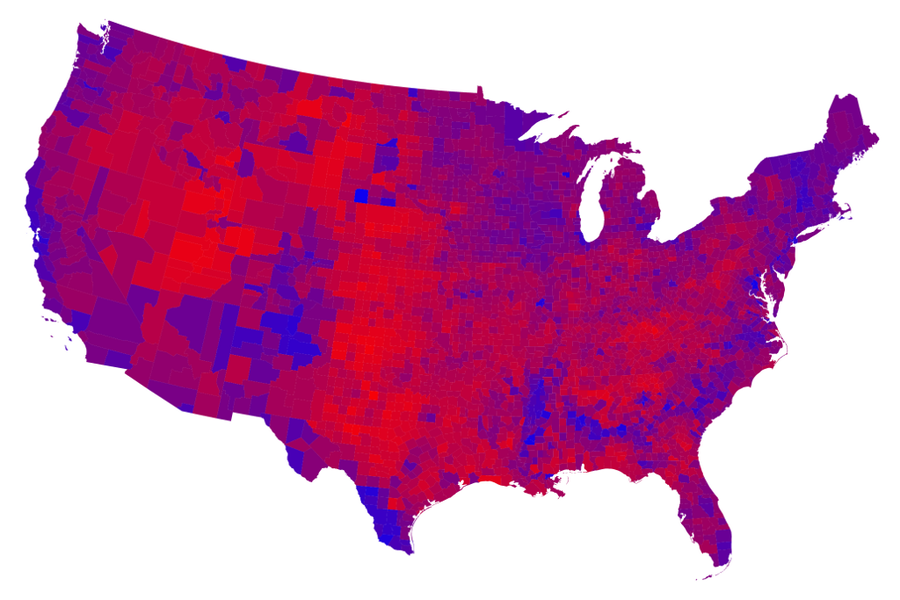 Popular vote by county shaded on a scale from red/Republican to blue/Democratic.