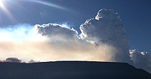 Panaches de l'éruption d'avril 2007,de droite à gauche : grand panache de condensation provoqué par l'entrée de la lave dans l'océan, fumées rougeâtres et bleutées de l'éruption, nuage de poussière noire des effondrements du cratère Dolomieu.