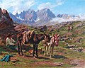 Mountainous landscape with a seated man and two donkeys