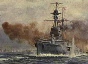 A watercolour painting of Royal Oak in action. The battleship is firing her main guns while a shell explodes in the water beside her.