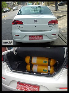 The Brazilian Fiat Siena Tetrafuel 1.4 is the first bi-fuel car that runs with natural gas (CNG) alternating automatically with any of the typical fuel blends used in flexible-fuel vehicles, pure gasoline, or gasohol E25, or just ethanol (E100). Shown below are the CNG storage tanks in the trunk. SAO 09 2008 Fiat Siena TetraFuel 2 views v1.jpg