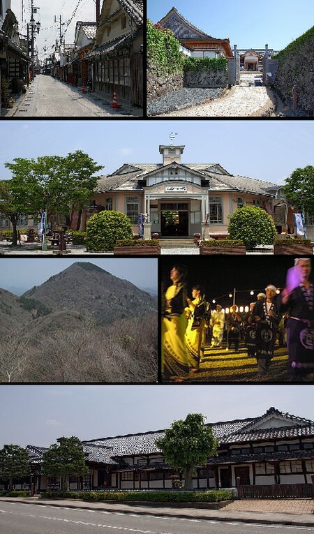 Top left: Kawaramachi-Tsumairi traditional houses preservation area, right: Sasayama Castle Site Second row: Taisho Roman Hall, former Sasayama Town H