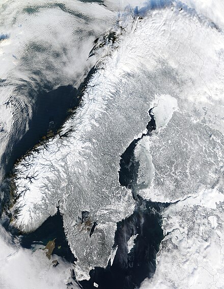 Typical winter: most of the ground covered with snow, bare ground seen in Denmark and coastal Norway, sea ice in the bays and archipelagos of the Baltic.