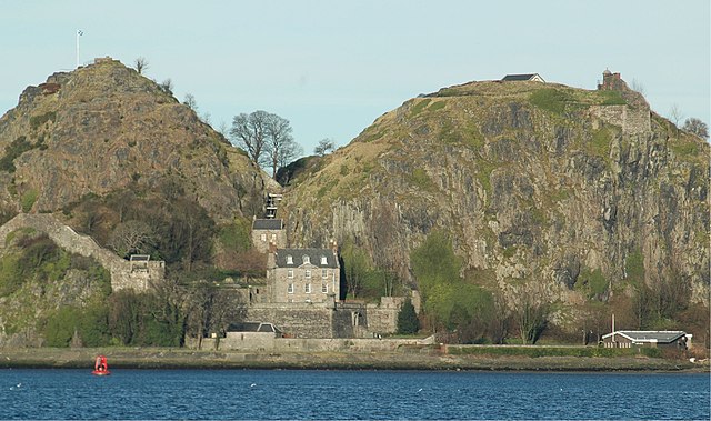 Looking north at Dumbarton Rock, the chief fort of Strathclyde from the 6th century to 870. The fort of Alt Clut was on the right-hand summit.