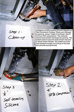 Self-leveling silicone firestop system used around pipe through-penetration in a two-hour fire-resistance rated concrete floor assembly. Self level silicone.jpg