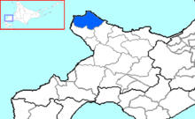 Carte bicolore montrant l'emplacement du district de Shakotan dans la sous-préfecture de Shiribeshi.