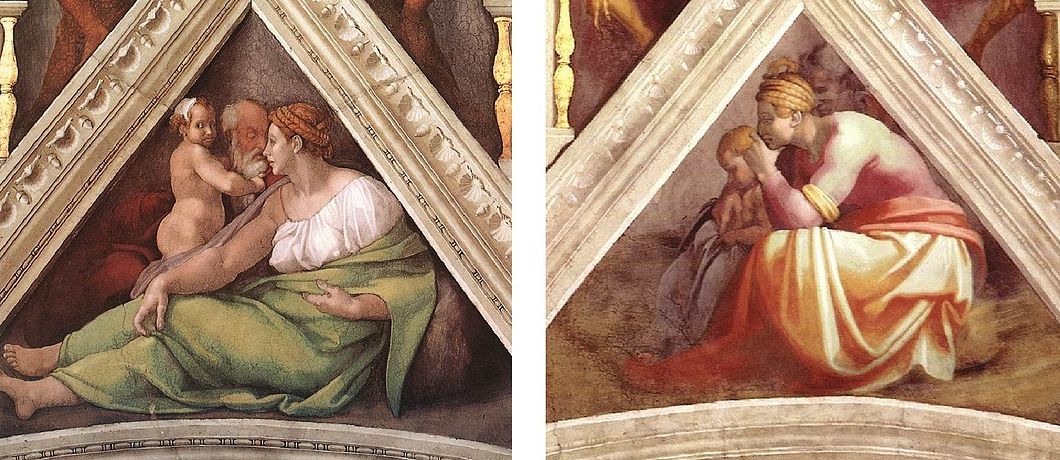 Different post-restoration states in two similar spandrels. In the left spandrel, black detailing of robes, eyes and architecture is intact. In the right spandrel, these details have been lost in the cleaning.