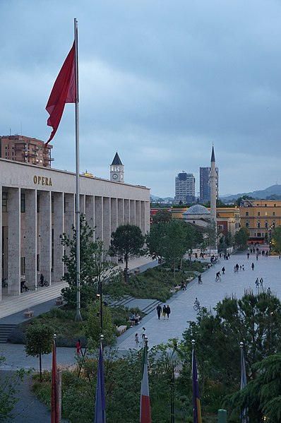 File:Skanderbeg Square at evening (OSCAL19 trip).jpg