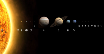 A representative image of the Solar System with sizes, but not distances, to scale