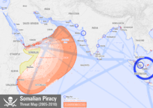 Map showing the extent of Somali pirate attacks on shipping vessels between 2005 and 2010 Somalian Piracy Threat Map 2010.png