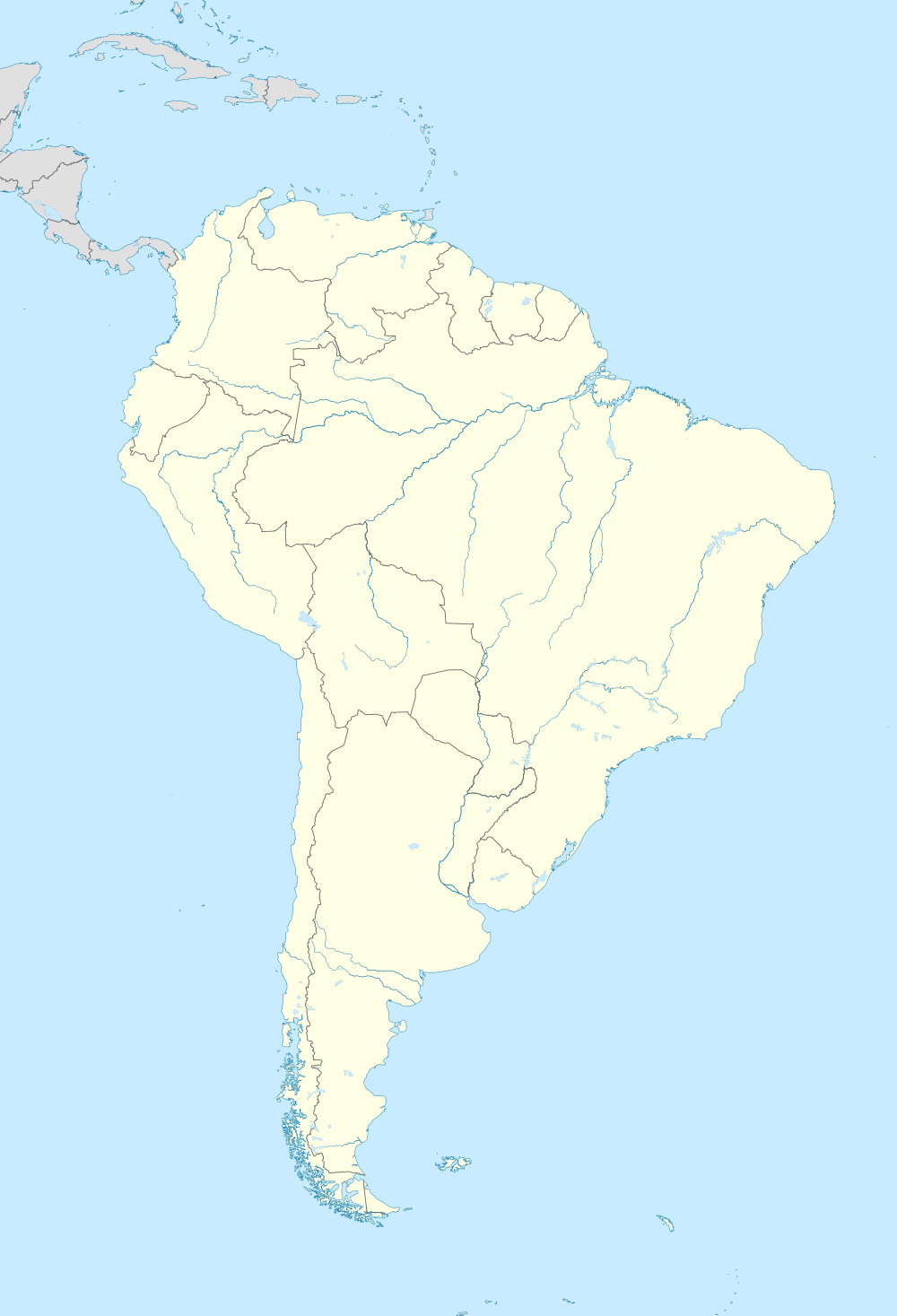 南アメリカにおける各国の観測史上最低気温を観測した場所。×印で示したのは南アメリカ全体の観測史上最低気温を観測した場所。の位置（南アメリカ内）