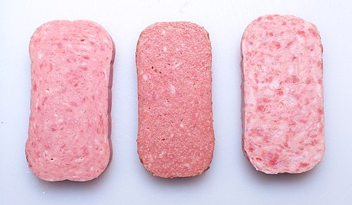 Comparison of Spam with similar products: Spam (L), Treet (C), and Walmart Great Value Luncheon Meat (R)