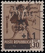 A postage stamp issued by the Italian Social Republic with a Yugoslav liberation overprint