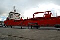 English: An oil tanker Sten Frigg moored next to the World heritage site of Bryggen in Bergen, Norway.