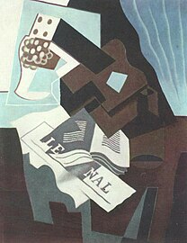 Stilleben mit Gitarre, Buch und Zeitung (Muta naturo kun gitaro, libro kaj ĵurnalo), 1919, Kunstmuseum, Bazelo.