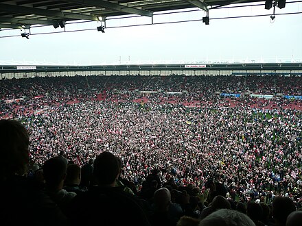 Stoke City fans celebrate following promotion to the Premier League, 4 May 2008.
