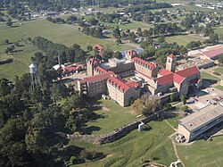 Aerial view of Subiaco Abby and town, looking South