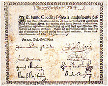 The first paper money in Europe, issued by the Stockholms Banco in 1666. Sweden-Credityf-Zedels.jpg