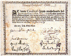 Image 2The first paper money in Europe, issued by the Stockholms Banco in 1666. (from Banknote)