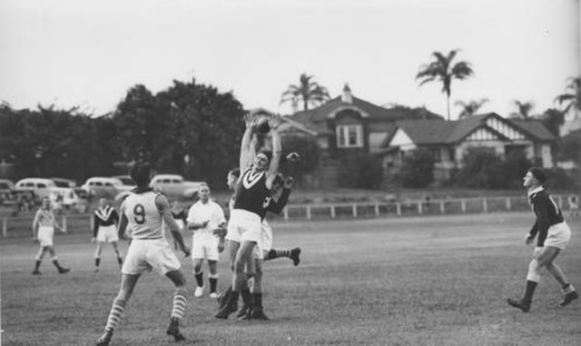 Taringa vs Wests Australian rules football match at Perry Park, Bowen Hills in the 1930s