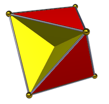 The tetrahemihexahedron, a non-orientable self-intersecting polyhedron with four triangular faces (red) and three square faces (yellow). As with a Mobius strip or Klein bottle, a continuous path along the surface of this polyhedron can reach the point on the opposite side of the surface from its starting point, making it impossible to separate the surface into an inside and an outside. Tetrahemihexahedron rotation.gif