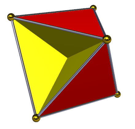The tetrahemihexahedron, a non-orientable self-intersecting polyhedron with four triangular faces (red) and three square faces (yellow). As with a Möbius strip or Klein bottle, a continuous path along the surface of this polyhedron can reach the point on the opposite side of the surface from its starting point, making it impossible to separate the surface into an inside and an outside.