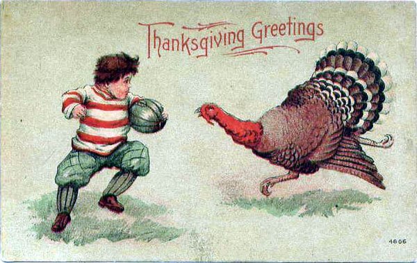 Thanksgiving postcard circa 1900 showing a turkey and football player.