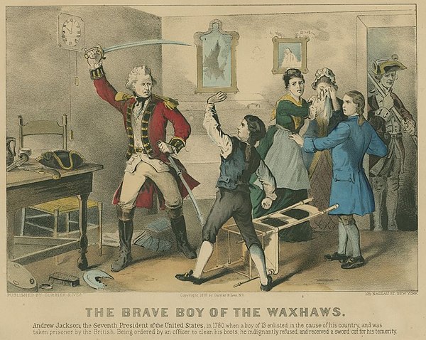 The Brave Boy of the Waxhaws, an 1876 Currier and Ives lithograph depicting a young Andrew Jackson defending himself against a British officer during 