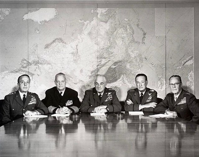 The Joint Chiefs of Staff in 1959. From left to right: Gen. Lyman L. Lemnitzer, USA; Adm. Arleigh A. Burke, USN; Gen. Nathan F. Twining, USAF (chairma