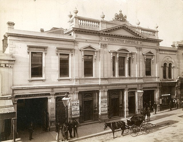 Theatre Royal, Hindley Street, Adelaide c. 1886. Pit and gallery entrance via lane at left, dress circle by the wide entrance far right, stalls by the