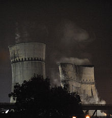 Demolition of Tinsley cooling towers on 24 August 2008. Tinsley Towers demolition.JPG