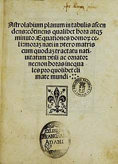 Title page of the Astrolabium of Johannes Engel, printed by Johann Emerich, Venice 1494.jpg