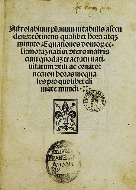 Title page of the Astrolabium of Johannes Engel, printed by Johann Emerich, Venice 1494.jpg