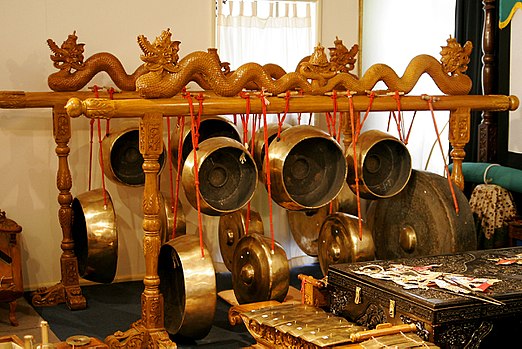 A gong collection in a gamelan ensemble of instruments – Indonesian Embassy Canberra