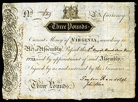 Virginia colonial currency (1773) signed by Randolph and John Blair Jr..