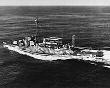 Schmitt as a high speed transport on 9 April 1945. USS Schmitt (APD-76) underway in the Atlantic Ocean on 9 April 1945 (80-G-453445).jpg