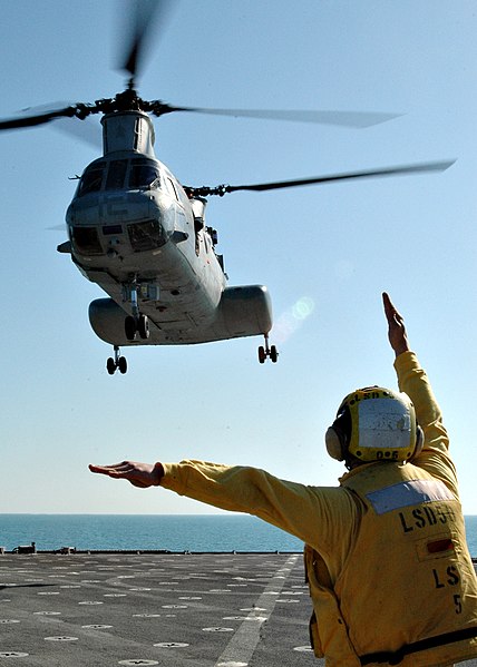 File:US Navy 090109-N-9134V-029 Boatswain's Mate 2nd Class Joshua Hayes, from Jasper, Ala., directs a CH-46E helicopter from Marine Medium Helicopter Squadron (HMM) 264 aboard the amphibious dock landing ship USS Carter Hall (LSD 50.jpg